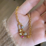 Daiiibabyyy  French Style Retro Red Zircon Heart Design Bracelets Fashion Gold Color Chain Bracelet Hand Jewelry For Women