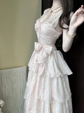 Daiiibabyyy  Coquette French Elegant Polka Dot Slip Dress Women Spaghetti Strap Lace Trim Ruched Waist Bow Ruffle Hem Maxi Party Outfit