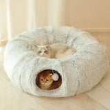 DAIIIBABYYY  -  Plush Cat Bed with Tunnel for Indoor Cats Multifunctional Cat Tunnel Bed with Fluffy Donut Cat Bed with Tunnel