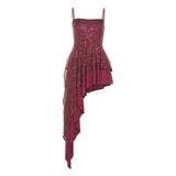 DAIIIBABYYY  -  Sweet Spicy Girl Red Sequins Sling Dress Female Slim High Waist Irregular Sparkling Strap Short Dresses Summer New Style