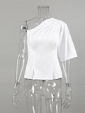 Daiiibabyyy  Women's Solid One Shoulder Asymmetric Blouse Elegant Ruched Bust Minimalist Sleeve Tops Lady Fashion Date Night T-shirt