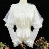 Daiiibabyyy  Lolita Style Women Vintage Japanese Sweet Blouses Long Sleeve Victorian Lace Mesh Shirts Girls Kawaii Fairy Tops Blusas Mujer