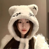 Daiiibabyyy  Cute Thickened Bear Ears Knitted Hat Warm Soft Bear Hat Windproof Coldproof Lei Feng Hat Winter Season Women Wear