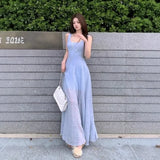 Daiiibabyyy  French Style Blue Lace Vest Dress Women Summer Tea Break Slimming Long Skirt Breathable Comfortable Casual Holiday Wear