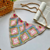 DAIIIBABYYY  -  New Summer Sweet Color Matching Crochet Knitted Headscarf Women's Seaside Beach Vacation Hollow Triangular Scarf Headband