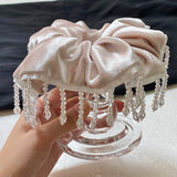 Daiiibabyyy  1PC Elegant Beige Velvet Hair Scrunchie With Crystal Bead Decor, Shiny Satin Hair Tie For Women, Party & Daily Hair Accessory