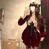 Daiiibabyyy  Red Square Collar Women's Dress Slimming Puffy Short Skirt A-Line Waist-Cinching New Fashion Street Style Long Sleeve