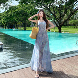Daiiibabyyy  Blue Mermaid Princ Floral Embroidery Strap Dr Women's Beach Vaion Bal Waist Cinching Long Dr Summer Faion