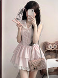 DAIIIBABYYY  -  Sweet Slim Pink Dress Women Cute Preppy Style Sailor Collar Mini Dress Casual Retro Japan Lace Patchwork Kawaii Cake Dress