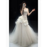 Daiiibabyyy  Bridal Tulle Mermaid Wedding Dress Sweetheart Sleeveless with Pleat and Ruffles Sexy Open Back Sweep Train Sheath Gowns Robe