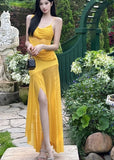 DAIIIBABYYY  -  New Summer Women Fashion Yellow Holiday Irregular Long Dress Sexy V Neck Sheer High Split Fairy Dress Seaside Resort Beach Dress
