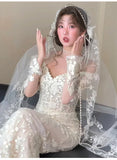 Daiiibabyyy  Wedding Bridal Veil Lace Pearl Trim Elegant Bride Headpiece for Wedding Ceremony Bridal Photoshoot,Lightweight Tulle Bridal Veil