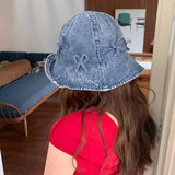 DAIIIBABYY  -  Korean Niche Design Bow Bucket Hats for Women Spring and Summer Travel Sweet Versatile Sunscreen Retro Denim Men's Caps