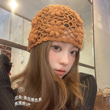 Daiiibabyyy  Women's Hats Y2k Caps Haze Blue Korean  Version Hand Crocheted And Hollowed Out Flower Shaped Cap Pile Pile Cap Sweet Cool Cap