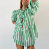 Daiiibabyyy  Elegant Crew-Neck Short Sleeve Blouse&Shorts Suit 2025 Women All Match Vacation Set Summer Striped Patchwork 2Pcs Loose Outfits