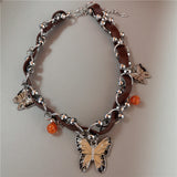 DAIIIBABYYY  -  Sweet Cool Butterfly Star Tassel Leather Brown Choker Clavicle Chain Necklace Female Punk Spicy Girl Grunge Accessories Jewelry