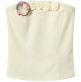DAIIIBABYYY  -  Spicy Girl Pure Lust Style Three-dimensional Flowers Tube Top Women's Summer Sexy Off-shoulder Sleeveless Waist Slimming Tops