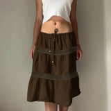 Daiiibabyyy  Vintage Skirt for Woman A-Line Beaded Tie-Waist Chic Brown Lace Design Slim Mid-length Skirt Y2k Boho Clothes New