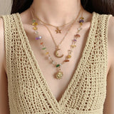 Daiiibabyyy  Colourful Irregular Beaded Necklace Set for Women Exquisite 3Pcs Star Moon Sun Pendant Necklace Retro Boho Versatile Jewelry New