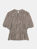 Daiiibabyyy  Women Chic Full Sleeve Stand Collar Plaid Shirts Stylish Folds Spliced Sweet Lantern Sleeve Blouse Slim-fit Commuter Pullover