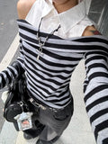 Daiiibabyyy  Early Autumn Slim Fit Split Two-Piece Striped One Shoulder Shirt Women Fall New Arrival Long Sleeve Top