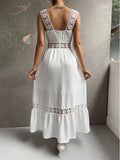 Daiiibabyyy Hollow Out Elegant Dress Women Solid Sexy Midi Dress Female Fashion Square Collar Spaghetti Off Shoulder Boho Beach Dress Summer