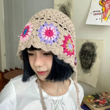 DAIIIBABYYY  -  Bohemian Mori Women's Hats Ins Korean Version Spring and Summer Vacation Bucket Hat Handmade Flower Fresh Crochet Beanies