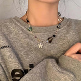 Daiiibabyyy  Korean Crystal Flower Love Pendant Necklace for Women New Trendy Beaded Choker Necklace Y2K Jewelry Accessories