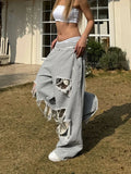Daiiibabyyy  Vintage Gray Distressed Joggers Women Baggy Hip Hop Style Grunge Wide Leg Sweatpants Oversized Street Fashion Trousers