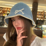 DAIIIBABYY  -  2024 New Thin Knitted Bucket Hats Summer Outdoor Travel Korean Version Fashion Bow Design Versatile Breathable Women's Caps