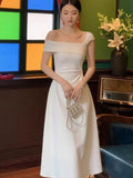 DAIIIBABYYY  -  Women Elegent White Party Prom Midi Dress Summer New French Female Sexy Fashion Slim Off Shoulder Pleated Clothes Vestidos