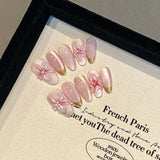 Daiiibabyyy  10pcs Glossy Pink Press On Nails Handmade Flash Cat's Eye False Nails 3D Flower Golden Edge Designs Fake Nail Tips For Women