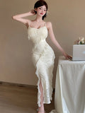 DAIIIBABYYY  -  White Lace Jacquard Chic Ruffled Casual Long Dress Women Elegant Beach Style Sling Dress Summer Korean Fashion Party Dress