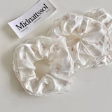 Daiiibabyyy  1PC Cute Bear Print Satin Scrunchies For Girls Lace Trim Hair Ties Soft Elastic Hair Accessories For Daily Wear