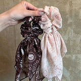 Daiiibabyyy  Paisley Ribbon Hair Scrunchie Creamy Apricot Print Bow Hair Tie New Long Flowy Head Band Scarf Women's Elegant Hair Accessory