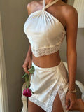 Daiiibabyyy  White Satin Lace Patchwork Set Women Chic Halter Crop Top Slit Mini Skirt Sleeveless Slim 2 Piece Suit Lady Party Daily Outfit