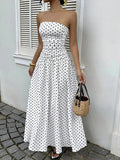 Daiiibabyyy  Elegant strapless waist cinching slimming dress with polka dot sexy off shoulder spring/summer new A-line skirt