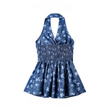 DAIIIBABYYY  -  Hot Girl Pure Desire Style Fresh Floral Pleated Halter V-neck Sleeveless Camisole Women's Summer Off-shoulder Slim Sling Tops
