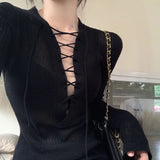 DAIIIBABYYY  -  Sexy V-neck Lacing Long Sleeve Knitting Women Spring Autumn Slim Perspective Solid Color Top Tee Femme Simplicity Pullovers Tops