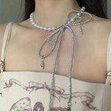 Daiiibabyyy  Beaded Bow Imitation Pearl Strap Necklace Rivets Tassels Round Beads Punk Street Hip-Hop Choker Necklace Design Sense Jewelry