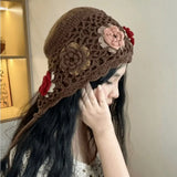 Daiiibabyyy  Cute Tassels Crochet Knitted Hat Hollow Out Handmade Knit Cap Korean Bohemian Style Weave Cap Travel