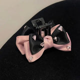 Daiiibabyyy  1pc Female group bow clip new pink and black satin back of head dished shark clip hair accessory