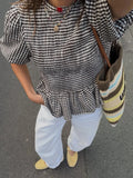 Daiiibabyyy  Women Chic Full Sleeve Stand Collar Plaid Shirts Stylish Folds Spliced Sweet Lantern Sleeve Blouse Slim-fit Commuter Pullover