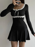 Daiiibabyyy Y2k Coquette Dresses Women Knitted Short Dresses Female Sexy Lace Patchwork Dress Ladies Korean Fashion Bodycon Pleated Vestidos