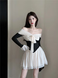 DAIIIBABYYY  -  Y2K Sexy Patchwork Short Dresses for Women Off Shoulder Flare Sleeve Ruffles A-line Birthday Party Dress Korean Casual Vestidos