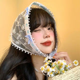DAIIIBABYYY  -  French Flower Lace Embroidered Bow Decorative Triangle Towel Women's Summer Vacation Breathable Mesh Lace Up Photo Headband