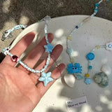 DAIIIBABYYY  -  Summer Ceramic Blue Starfish Shell Pendant Beaded Necklace For Women Y2K Aesthetic Charm Boho Beach Ocean EMO Accessories