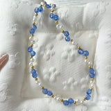 Daiiibabyyy  Fresh Blue Seed Beads Pearl Stone Clavicle Chain Summer Dopamine Beaded Necklace For Women and Girls Holiday Daily Jewelry