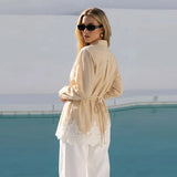 Daiiibabyyy  Elegant Lapel Single Breasted Long Sleeve Blouses Fashion Lace Patchwork Women Shirts Spring New Lady Stripe Tops Street