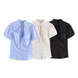 Daiiibabyyy  Light Blue Vintage Blouses Women Stand Collar Tie Neck Ruched Front Puff Short Sleeve Fitted Silhouette Tops Street Wear